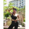 imageOQQ Womens 4 Piece Outfits Ribbed Exercise Scoop Neck Sports Bra One Shoulder Tops High Waist Shorts Leggings Active SetBlack