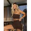 imageOQQ Womens 4 Piece Outfits Ribbed Exercise Scoop Neck Sports Bra One Shoulder Tops High Waist Shorts Leggings Active SetCoffee