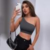 imageOQQ Womens 4 Piece Outfits Ribbed Exercise Scoop Neck Sports Bra One Shoulder Tops High Waist Shorts Leggings Active SetGrey