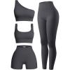 imageOQQ Womens 4 Piece Outfits Ribbed Exercise Scoop Neck Sports Bra One Shoulder Tops High Waist Shorts Leggings Active SetGrey