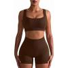 imageOQQ Workout Outfits for Women 2 Piece Seamless Ribbed High Waist Leggings with Sports Bra Exercise SetCoffee