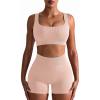 imageOQQ Workout Outfits for Women 2 Piece Seamless Ribbed High Waist Leggings with Sports Bra Exercise SetFleshpink
