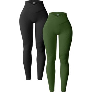 imageOQQ Womens 2 Piece Yoga Leggings Ribbed Seamless Workout High Waist Cross Over Athletic Exercise LeggingsBlack armygreen