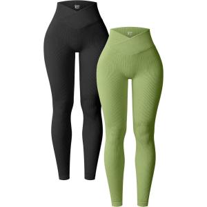 imageOQQ Womens 2 Piece Yoga Leggings Ribbed Seamless Workout High Waist Cross Over Athletic Exercise LeggingsBlack avocado Green