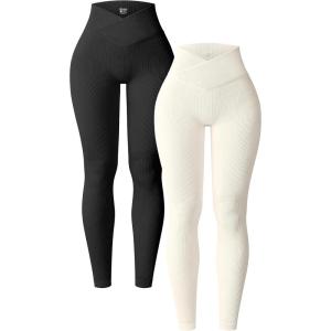 imageOQQ Womens 2 Piece Yoga Leggings Ribbed Seamless Workout High Waist Cross Over Athletic Exercise LeggingsBlack beige