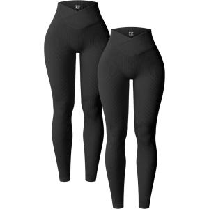 imageOQQ Womens 2 Piece Yoga Leggings Ribbed Seamless Workout High Waist Cross Over Athletic Exercise LeggingsBlack black