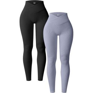 imageOQQ Womens 2 Piece Yoga Leggings Ribbed Seamless Workout High Waist Cross Over Athletic Exercise LeggingsBlack blues