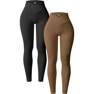imageOQQ Womens 2 Piece Yoga Leggings Ribbed Seamless Workout High Waist Cross Over Athletic Exercise LeggingsBlack coffee