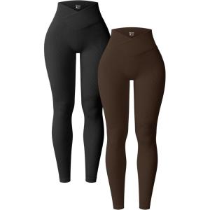 imageOQQ Womens 2 Piece Yoga Leggings Ribbed Seamless Workout High Waist Cross Over Athletic Exercise LeggingsBlack darkbrown
