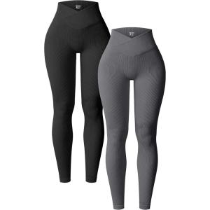imageOQQ Womens 2 Piece Yoga Leggings Ribbed Seamless Workout High Waist Cross Over Athletic Exercise LeggingsBlack darkgrey