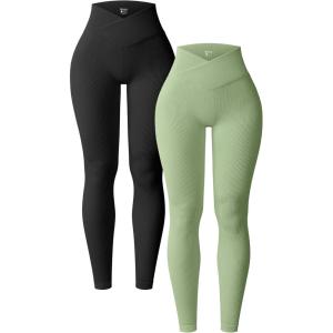 imageOQQ Womens 2 Piece Yoga Leggings Ribbed Seamless Workout High Waist Cross Over Athletic Exercise LeggingsBlack pea Green