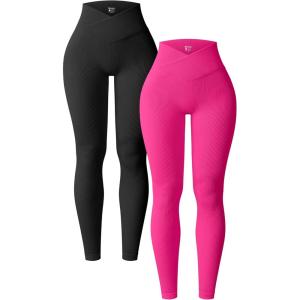 imageOQQ Womens 2 Piece Yoga Leggings Ribbed Seamless Workout High Waist Cross Over Athletic Exercise LeggingsBlack pitaya