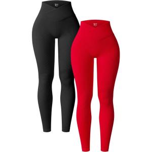imageOQQ Womens 2 Piece Yoga Leggings Ribbed Seamless Workout High Waist Cross Over Athletic Exercise LeggingsBlack red