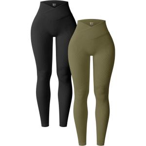 imageOQQ Womens 2 Piece Yoga Leggings Ribbed Seamless Workout High Waist Cross Over Athletic Exercise LeggingsBlack sauerkraut