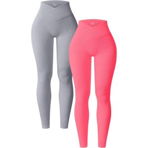 imageOQQ Womens 2 Piece Yoga Leggings Ribbed Seamless Workout High Waist Cross Over Athletic Exercise LeggingsGrey fluorescent Pink a