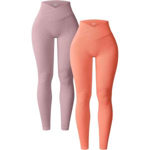 imageOQQ Womens 2 Piece Yoga Leggings Ribbed Seamless Workout High Waist Cross Over Athletic Exercise LeggingsHide Pink coralorange