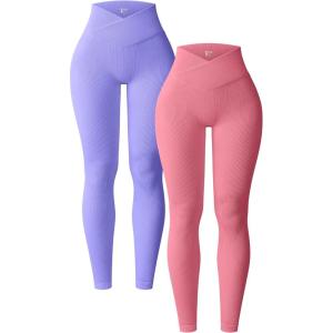 imageOQQ Womens 2 Piece Yoga Leggings Ribbed Seamless Workout High Waist Cross Over Athletic Exercise LeggingsPurple dry Rose