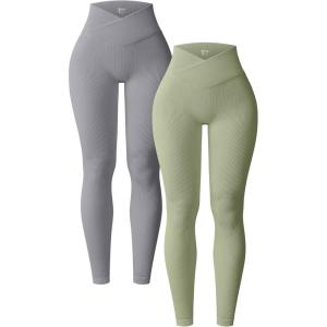 imageOQQ Womens 2 Piece Yoga Leggings Ribbed Seamless Workout High Waist Cross Over Athletic Exercise LeggingsSmoke Grey jade Green