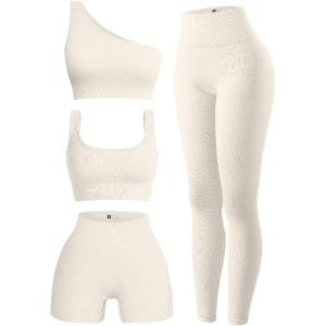 imageOQQ Womens 4 Piece Outfits Ribbed Exercise Scoop Neck Sports Bra One Shoulder Tops High Waist Shorts Leggings Active SetBeige
