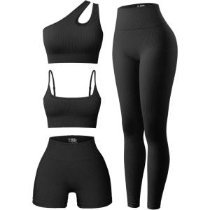 imageOQQ Womens 4 Piece Outfits Ribbed Exercise Scoop Neck Sports Bra One Shoulder Tops High Waist Shorts Leggings Active SetBlack1