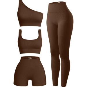 imageOQQ Womens 4 Piece Outfits Ribbed Exercise Scoop Neck Sports Bra One Shoulder Tops High Waist Shorts Leggings Active SetCoffee