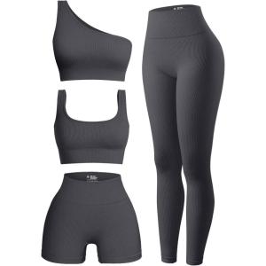 imageOQQ Womens 4 Piece Outfits Ribbed Exercise Scoop Neck Sports Bra One Shoulder Tops High Waist Shorts Leggings Active SetGrey