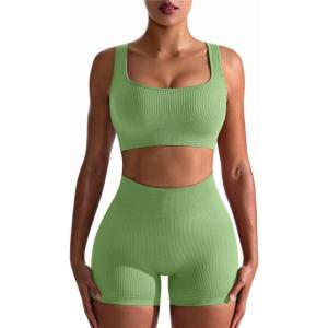 imageOQQ Workout Outfits for Women 2 Piece Seamless Ribbed High Waist Leggings with Sports Bra Exercise SetBamboo Green