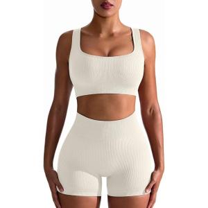 imageOQQ Workout Outfits for Women 2 Piece Seamless Ribbed High Waist Leggings with Sports Bra Exercise SetBeige