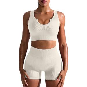 imageOQQ Workout Outfits for Women 2 Piece Seamless Ribbed High Waist Leggings with Sports Bra Exercise SetBeige1