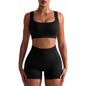 imageOQQ Workout Outfits for Women 2 Piece Seamless Ribbed High Waist Leggings with Sports Bra Exercise SetBlack