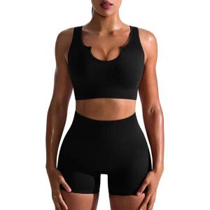 imageOQQ Workout Outfits for Women 2 Piece Seamless Ribbed High Waist Leggings with Sports Bra Exercise SetBlack1