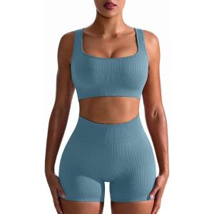 imageOQQ Workout Outfits for Women 2 Piece Seamless Ribbed High Waist Leggings with Sports Bra Exercise SetBlue