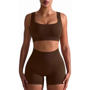 imageOQQ Workout Outfits for Women 2 Piece Seamless Ribbed High Waist Leggings with Sports Bra Exercise SetCoffee