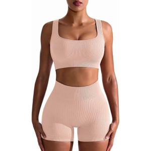 imageOQQ Workout Outfits for Women 2 Piece Seamless Ribbed High Waist Leggings with Sports Bra Exercise SetFleshpink