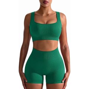 imageOQQ Workout Outfits for Women 2 Piece Seamless Ribbed High Waist Leggings with Sports Bra Exercise SetGreen