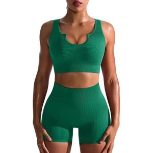 imageOQQ Workout Outfits for Women 2 Piece Seamless Ribbed High Waist Leggings with Sports Bra Exercise SetGreen1