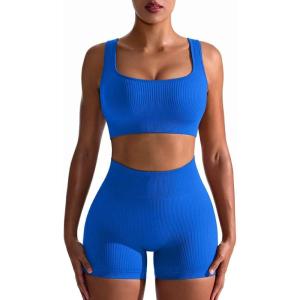 imageOQQ Workout Outfits for Women 2 Piece Seamless Ribbed High Waist Leggings with Sports Bra Exercise SetKlein Blue