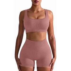imageOQQ Workout Outfits for Women 2 Piece Seamless Ribbed High Waist Leggings with Sports Bra Exercise SetWarmpink