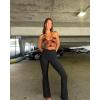 imageOQQ Womens 2 Piece Yoga Pants Ribbed Seamless Workout High Waist Cross Over Bell Bottoms Exercise Flare LeggingsBlack pea Green