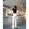 imageOQQ Womens Flared Pants Ribbed Cross Over High Waist Bell Bottoms Lounge Travel PantsBeige