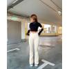 imageOQQ Womens Flared Pants Ribbed Cross Over High Waist Bell Bottoms Lounge Travel PantsBeige