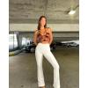 imageOQQ Womens Flared Pants Ribbed Cross Over High Waist Bell Bottoms Lounge Travel PantsBeige