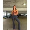 imageOQQ Womens Flared Pants Ribbed Cross Over High Waist Bell Bottoms Lounge Travel PantsDarkgrey