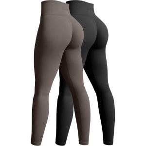 imageOQQ Womens 2 Piece Yoga Legging Seamless Workout High Waist Butt Liftings Athletic LeggingsBlack tea Leaf