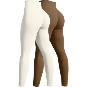 imageOQQ Womens 2 Piece Yoga Legging Seamless Workout High Waist Butt Liftings Athletic LeggingsCoffee beige