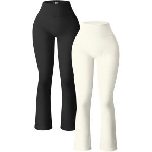 imageOQQ Womens 2 Piece Yoga Pants Ribbed Seamless Workout High Waist Bell Bottoms Flare LeggingsBlack beige