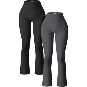 imageOQQ Womens 2 Piece Yoga Pants Ribbed Seamless Workout High Waist Bell Bottoms Flare LeggingsBlack darkgrey