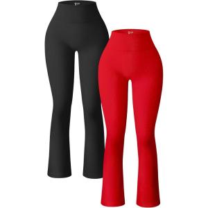 imageOQQ Womens 2 Piece Yoga Pants Ribbed Seamless Workout High Waist Bell Bottoms Flare LeggingsBlack red