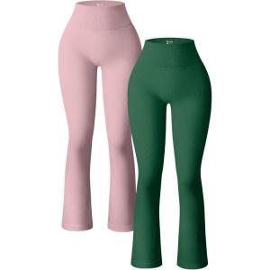imageOQQ Womens 2 Piece Yoga Pants Ribbed Seamless Workout High Waist Bell Bottoms Flare LeggingsHide Pink darkgreen