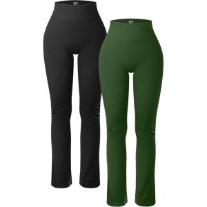 imageOQQ Womens 2 Piece Yoga Pants Ribbed Seamless Workout High Waist Cross Over Bell Bottoms Exercise Flare LeggingsBlack armygreen